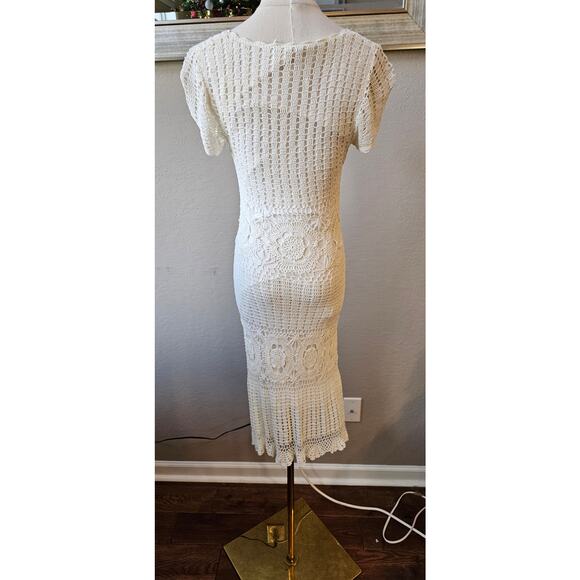 Kroshetta by Papillon Crochet Knit Dress Size M White Lace Open Weave Boho - Picture 7 of 12